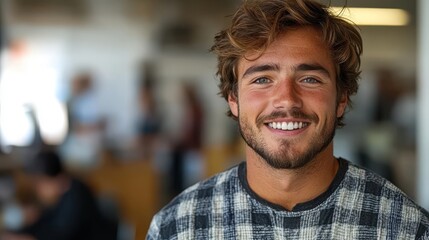 Poster - young man smiling in office,stock image