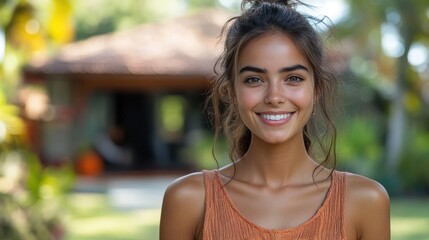 Poster - young woman at outdoors holding home keys,happy expression,stock image