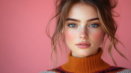 Poster - young woman,a sad facial expression on a pink background featuring trendy striped sweater,photo stock