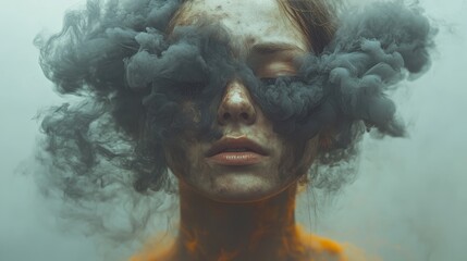 Poster - young woman,dark smoke covering her eyes representing mental burnout stress anxiety depression,information overload in a conceptual portrait