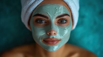 Poster - young woman,towel on head applying skin care cream,facial mask on blue spa background promoting beauty,wellness in self care routine
