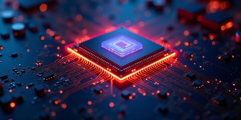 Aufkleber - Futuristic CPU Close-Up with Glowing Core, Powerful next gen CPU with glowing central core and data transfers