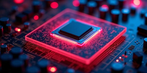Aufkleber - Futuristic CPU Close-Up with Glowing Core, Powerful next gen CPU with glowing central core and data transfers