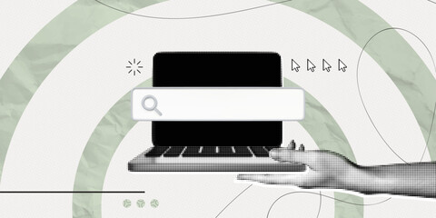 Trendy Halftone Collage Hand hold Laptop with search bar and cursor. Online search job. Seo marketing and business announce. Find information in internet browser. Contemporary vector illustration art