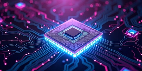 Aufkleber - Futuristic CPU Close-Up with Glowing Core, Powerful next gen CPU with glowing central core and data transfers