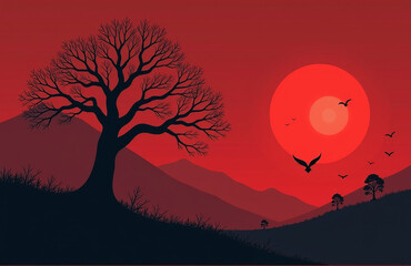 Poster - A Dark And Ominous Landscape Features Stark Black Tree Limbs Set Against A Deep Crimson Sky With Ample Space For Design.