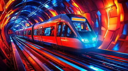 Wall Mural - Cinematic angle of a moving train crossing an underground junction, futuristic lighting, blur and clarity contrast, dynamic urban realism, no people
