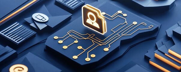 Poster - A close-up view of a digital circuit board featuring a user icon, symbolizing technology and connectivity.