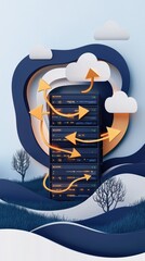 Poster - A digital artwork featuring a server tower surrounded by stylized clouds and arrows, symbolizing data flow and cloud computing.