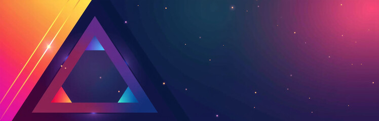 Poster - A Modern Background Features A Geometric Triangle With A Color Gradient That Includes Various Hues, From Neon To Metallic Tones And Abstract Shapes.