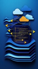 Poster - A blue-themed digital illustration featuring clouds, arrows, and layered waves, symbolizing data flow and cloud computing.