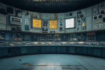 Wall Mural - A desolate vintage control room filled with complex machinery and monitors, bathed in a moody blue and yellow glow.