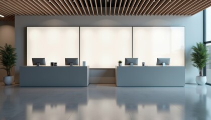 Poster - Modern office reception area with sleek design and greenery  