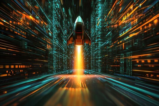 Futuristic Rocket Launching Through Colorful Digital Data Stream