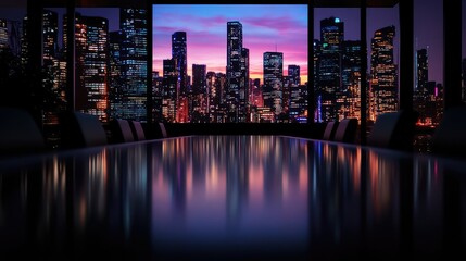 Poster - Minimalist futuristic conference room, holographic display projecting a cityscape, walls adorned with abstract glowing digital data patterns. Innovation and technology meeting.