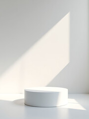Poster - Geometric Light Shines On Empty Space, Showcasing A Modern Pedestal Stand With Object And Clean White Background In 3d Render.