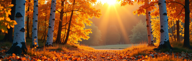 Poster - Golden Light Shines Through Vibrant Orange And Yellow Leaves Against A Backdrop Of White Birch Trunks In The Forest During Autumn.