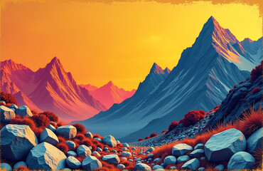 Poster - Grunge Background With Bright Colors, Rock Textures And Fragments Of Mountains Create Visually Interesting Visual Effects In Photography.