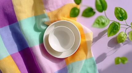 Poster - White plate with a cup on a colorful cloth. The cloth has a pattern of squares and the plate is placed on top of it