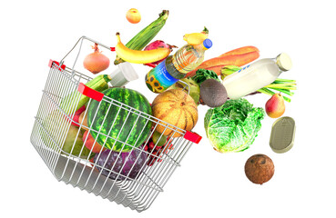 Poster - Shopping basket with food products flying out of it. 3D rendering isolated on transparent background