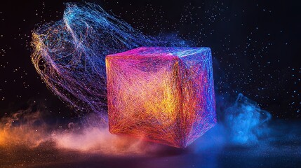 Poster - a levitating abstract cube made of interwoven glowing threads in vivid neon hues