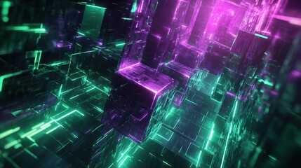 Poster - a matrix of glowing tesseracts intersecting beautifully in vivid emerald and purple