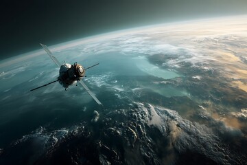 Wall Mural - A spacecraft orbits Earth, capturing a breathtaking view of the planet's surface at dawn.