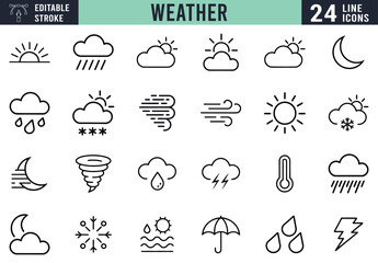 Poster - Weather Forecast Linear Icons Collection Sun Clouds Rain Snow Wind Lightning Thermometer For Website And Application Design Modern Simple Vector Illustration