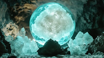 Poster - a pristine crystalline sphere surrounded by orbiting glowing fragments
