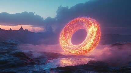 Poster - a radiant doughnut-shaped structure made of glowing rings