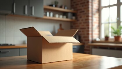 Aufkleber - Open cardboard box on wooden table in modern kitchen. New product, delivery or shipping concept. Minimalist interior design with brick wall and natural light.