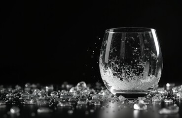 Poster - Shattered glass on black backdrop. Broken glass explosion fragments, water splash. Transparent shards, crash impact, damage, destruction concept, creative photography.