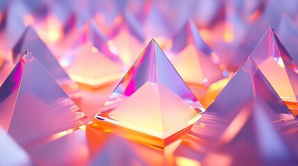 Poster - A vibrant field of half-sunken glowing glass pyramids softly reflecting light gradients of pink