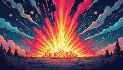 Aufkleber - Hand drawn cartoon explosion scene illustration with dynamic lines, vibrant colors. Explosive event, powerful blast, energy burst, comic style, shock wave, fire burst in sky. Bright, colorful,