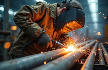 Poster - Welder works with metal, wearing protective mask. Sparks fly during welding process. Man in uniform at industrial factory. Construction worker at metalworking.