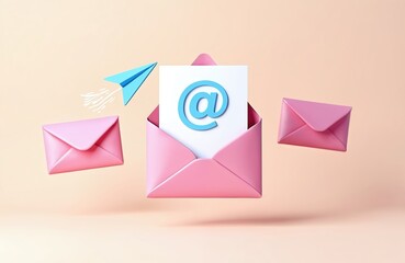 Poster - 3D rendering of cartoon mail concept. Pink envelopes, email sign with open envelope, flying paper plane. Communication, messaging, social media, business, marketing.