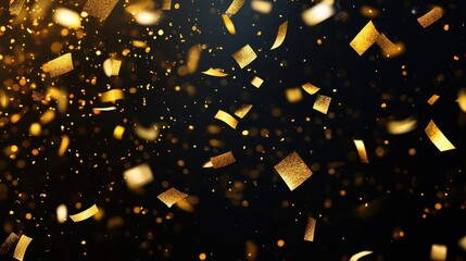 Poster - Gold confetti falling on a black background with glittering festive particles