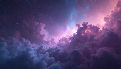 Poster - Vibrant space galaxy background with nebula clouds and distant stars. Purple and blue tones. Cosmic view depicts deep space wonders, night sky panorama.