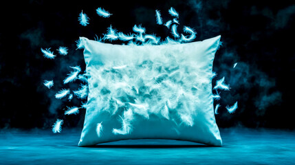 Wall Mural - Pillow bursting with feathers in the dark