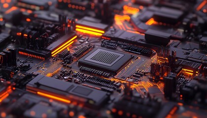 Poster - Close-up view of a circuit board showcasing intricate electronic components illuminated with warm orange light, reflecting the innovation and complexity of modern technology.