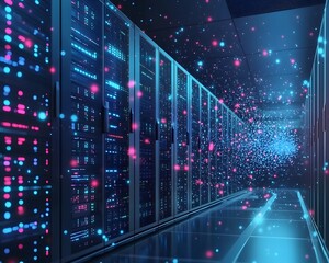 Poster - An immersive view of a futuristic data center, featuring rows of illuminated servers and vibrant digital patterns, representing the core of modern technology and data storage syste