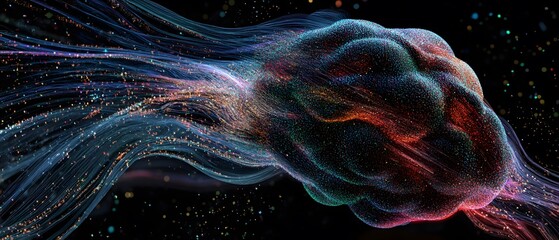 Poster - An abstract representation of the human brain, exhibiting colorful streams of data and energy, symbolizing creativity, thought processes, and the vast potential of the mind.