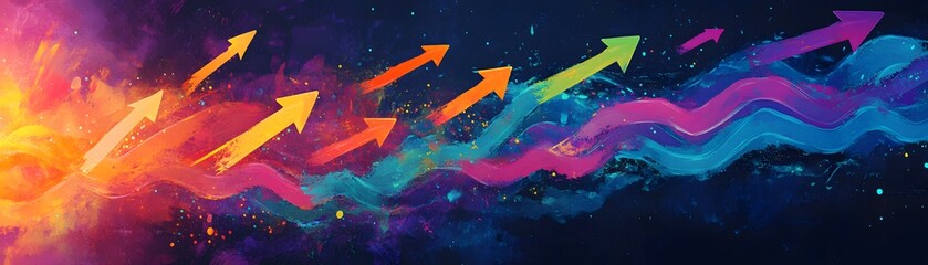 Poster - A vibrant, abstract background featuring colorful arrows and waves that symbolize progress and innovation, perfect for use in digital design, marketing materials, and presentations