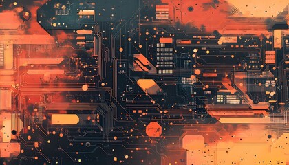 Poster - A vibrant abstract representation of a circuit board, showcasing intricate patterns and textures in shades of orange and black, reflecting modern technology and digital innovation.