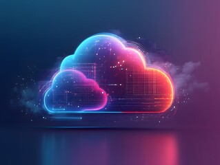 Poster - A vibrant, digital cloud symbol representing cloud computing and data storage. The neon colors and futuristic design evoke innovation and modern technology.