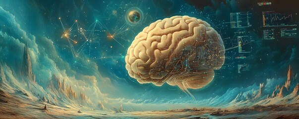 Poster - A surreal representation of the human brain floating in an otherworldly landscape, symbolizing intelligence and creativity amidst a backdrop of stars and abstract elements.