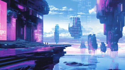 Poster - Digital illustrations in blue showcase computer codes and futuristic web designs. Virtual patterns define a future where technology meets business in digital landscapes