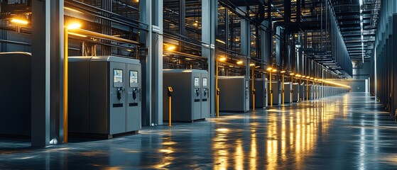 Poster - A modern industrial facility showcasing clean lines, illuminated equipment, and reflective floors