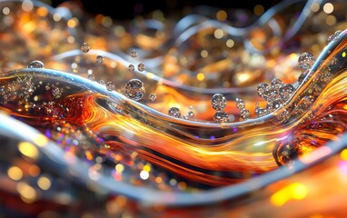 Poster - A mesmerizing abstract image of vibrant waves of liquid with bubbles, showcasing dynamic movement and rich colors, perfect for graphic design and digital projects.