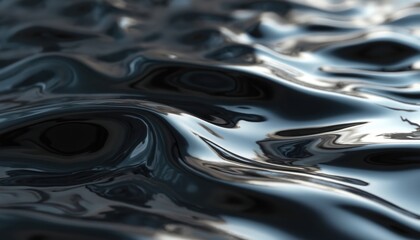 Poster - Abstract metal texture background liquid waves. Generative ai 3d render with flowing curves. Metallic chrome surface with glossy reflections. Wavy fluid gradient texture.